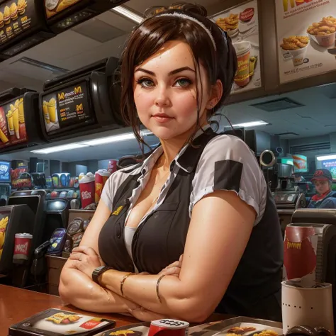 (greasy:1.5), mcdonalds, (chubby:1.3), (thick arms:1.3), McDonald's Cashier <lora:mcdonalds:1>, 8k portrait of beautiful woman, intricate, elegant, highly detailed, majestic, digital photography, art by artgerm and ruan jia and greg rutkowski, (masterpiece, sidelighting, finely detailed beautiful eyes: 1.2), hdr