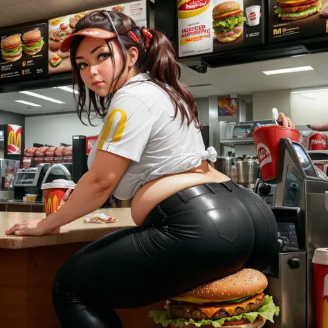 gripping the counter, (sitting on hamburger:1.3), meat, buns, ketchup, dripping, messy, (wide hips), fat ass, mcdonalds, (chubby:1.3), thick thighs, black pants, McDonald's Cashier <lora:mcdonalds:0.7>, 8k portrait of beautiful woman, intricate, elegant, highly detailed, majestic, digital photography, art by artgerm and ruan jia and greg rutkowski, (masterpiece, sidelighting, finely detailed beautiful eyes: 1.2), hdr