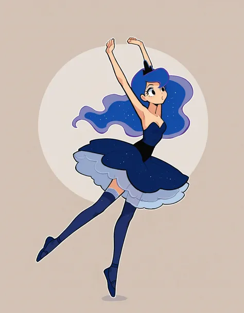 zPDXL, score_9, score_8_up, score_7_up, source_anime, flat color,
1girl, solo, <lora:StickySweet_v3:1> stkyswt, sketch, black eyes, human , princess luna \(mlp\), ballerina wearing Sleek navy blue leotard with silver accents, flowing chiffon skirt, opaque stockings, ballet slippers,