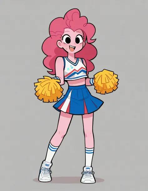 zPDXL, score_9, score_8_up, score_7_up, source_anime, 8k, absurdres, flat color, sketch,
<lora:StickySweet_v2:1> stkyswt, 1girl, solo, black eyes, cheerleader wearing Sporty cheerleader outfit in navy blue and yellow, with a racerback top, athletic skirt, ankle socks, sneakers, (pom poms), cheerleading gloves,sweatbands, upper body, portrait, personification, human , pinkie pie, black eyes, pink hair, pink skin, colored skin