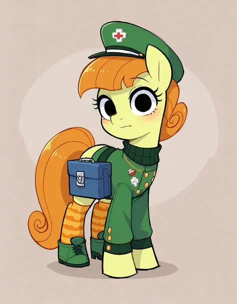 zPDXL, score_9, score_8_up, score_7_up, source_anime, flat color,
1girl, solo, <lora:StickySweet_v3:1> stkyswt, sketch, black eyes, mlp, pony , pumpkin cake \(mlp\), flight attendant wearing Stylish olive green uniform with a turtleneck blouse, flared skirt, patterned stockings, olive green ankle boots, first aid kit,