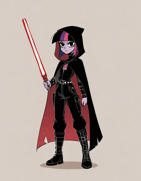 zPDXL, score_9, score_8_up, score_7_up, source_anime, flat color,
1girl, solo, <lora:StickySweet_v3:1> stkyswt, sketch, black eyes, human , twilight sparkle \(mlp\), (sith lord) wearing a hooded Sith robe, black leather tunic, silver-buckled belt, heavy duty boots, dark silk cloak, holding a curved-hilt red lightsaber,