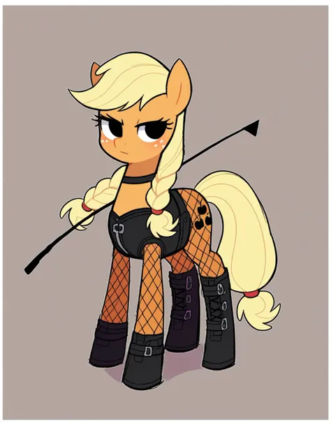 zPDXL, score_9, score_8_up, score_7_up, source_anime, 8k, absurdres, flat color, sketch,
<lora:StickySweet_v2:1> stkyswt, 1girl, solo, black eyes, dominatrix wearing Vinyl bustier with lace trim, vinyl leggings with mesh panels, vinyl choker with padlock, vinyl knee-high boots, leather riding crop with a braided handle and flexible shaft, upper body, portrait, mlp, pony , applejack, orange skin, colored skin, black eyes, blonde hair,