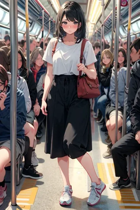 masterpiece, best quality, highly detailed ,beautiful face and eyes,1girl,standing in train,(((crowd of people))),have to pee, peeing self, full body,black hair,sneakers, (blush:1.2), (mature female),<lora:haveToPeePose:1.4>, <lora:more_details:0.2>
