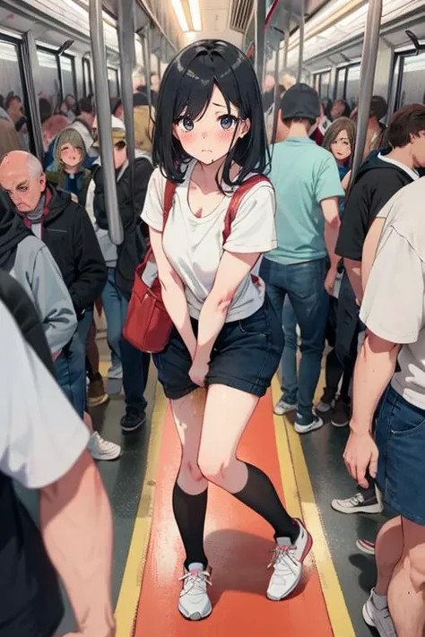 1 girl with long hair and dress,1 girl is taking to lavatory,looks away,are standing,embarressed,Be red in the face,Keep one's mouth shut,street corner(girl is peeing self:0.4),There is fluid running down the legs