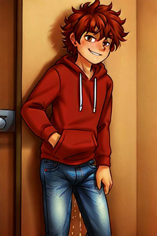 (1boy wearing slim jeans), red hoodie, curly ginger hair, brown eyes, standing, peeing pants, pee stain, confident, smirk, prideful face, full body, crotch bulge <lora:AnimeMaleB-CV0.1:1> <lora:PeeingThemselfV2_0-10:0.5>