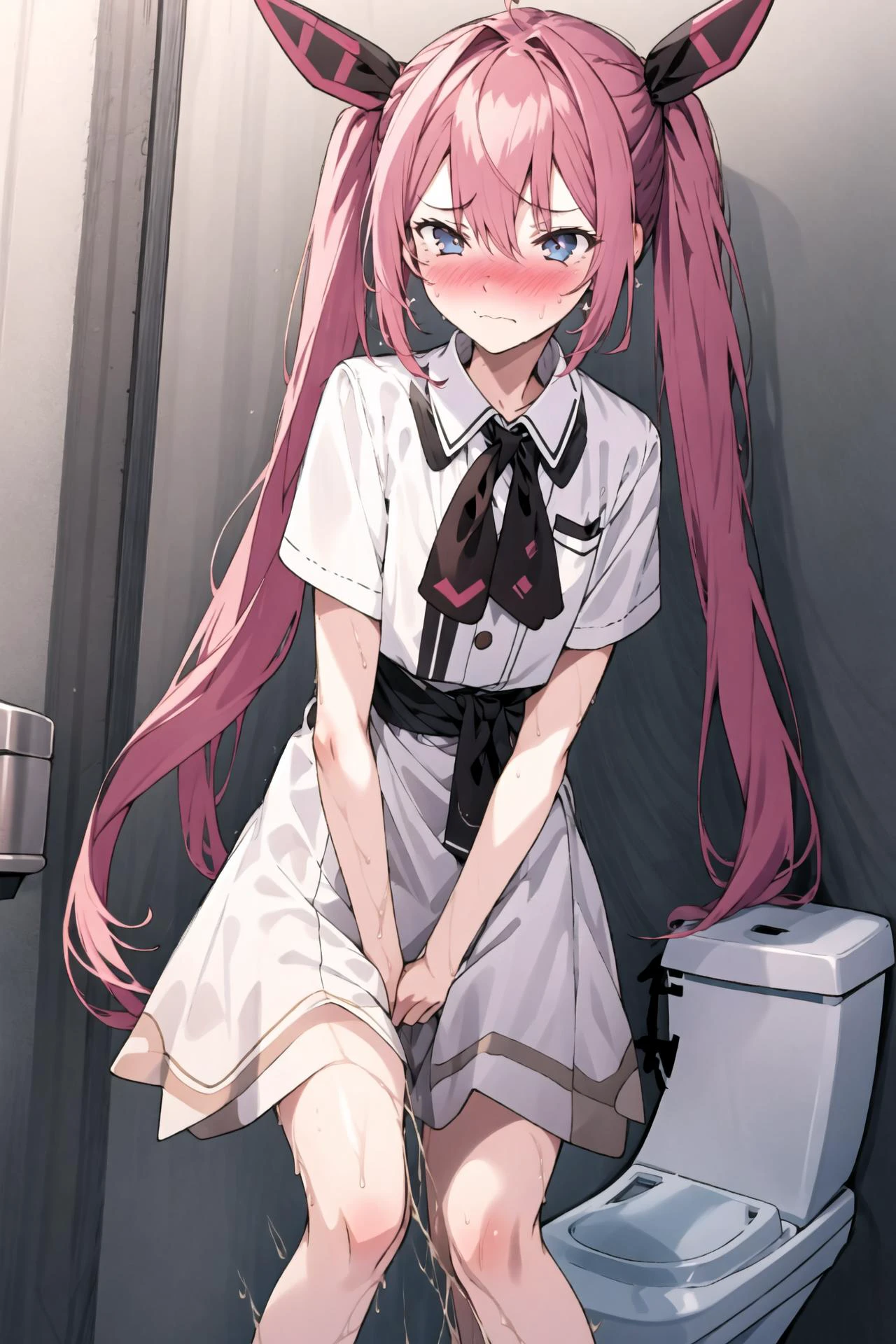 1girl with long hair and dress, 1 girl is taking to lavatory, looking away, standing, embarrassed, blush, Keep one's mouth shut, street (girl is peeing self:0.4) <lora:GoldenSide-v21-1-e32-T1_lora:1> <lora:haveToPeePose:1> <lora:KotoriDateALiveLora:1>
