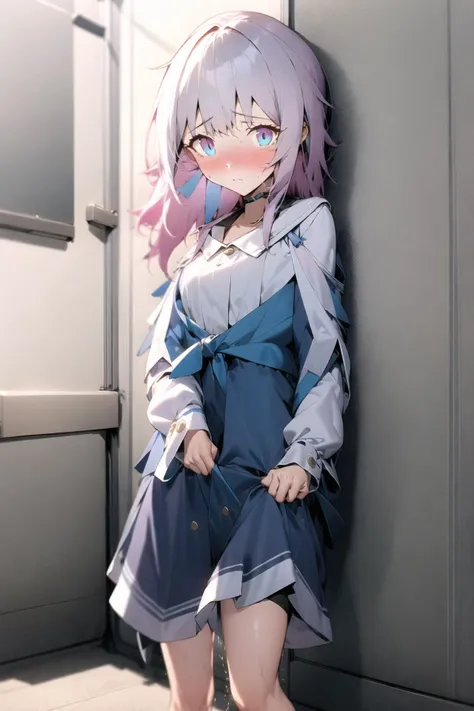 1girl with long hair and dress, 1 girl is taking to lavatory, looking away, standing, embarrassed, blush, Pink hair and blue eyes, Keep one's mouth shut, street (girl is peeing self:0.4) <lora:GoldenSide-v21-1-e32-T1_lora:1> <lora:haveToPeePose:1.1> <lora:March 7th:1.1>