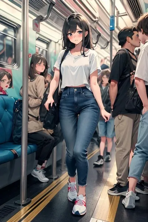 masterpiece, best quality, highly detailed ,beautiful face and eyes,1girl,standing in train,(((crowd of people))),have to pee, peeing self, full body,black hair,sneakers, (blush:1.2), (mature female),<lora:haveToPeePose:1.4>, <lora:more_details:0.2>