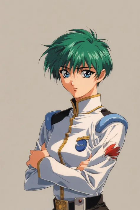 score_9,score_8_up,score_7_up,masterpiece,best quality,very aesthetic,absurdres,official art,official style,
1girl, solo, green hair, short hair, retro artstyle, blue eyes, crossed arms, uniform, 1980s \(style\), simple background, white background, military, military uniform,
<lora:Keiji Gotoh_XL_PONY:0.8>,