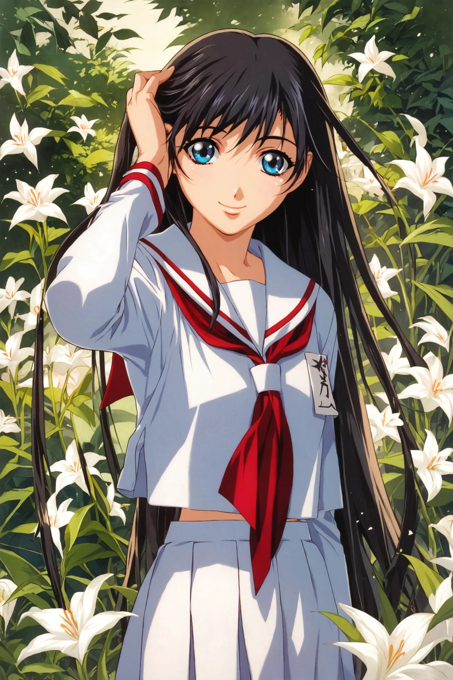 score_9,score_8_up,score_7_up,masterpiece,best quality,very aesthetic,absurdres,official art,official style,
1girl,solo,long hair,flower,blue eyes,school uniform,serafuku,lily \(flower\),black hair,red neckerchief,looking at viewer,smile,adjusting hair,
<lora:Keiji Gotoh_XL_PONY:0.8>,