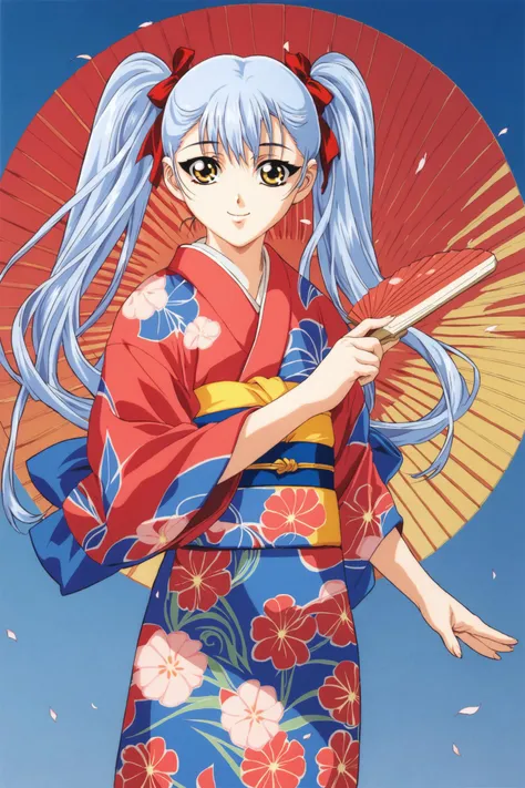 score_9,score_8_up,score_7_up,masterpiece,best quality,very aesthetic,absurdres,official art,official style,
Hoshino Ruri,1girl,solo,japanese clothes,twintails,kimono,yellow eyes,long hair,hand fan,light blue hair,smile,1990s \(style\),ribbon,hair ribbon,uchiwa,paper fan,retro artstyle,yukata,looking at viewer,
<lora:Keiji Gotoh_XL_PONY:0.8>,