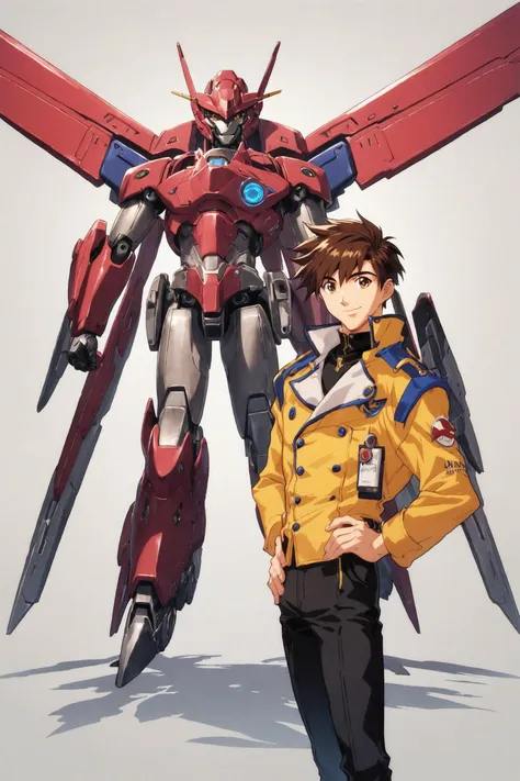 score_9,score_8_up,score_7_up,masterpiece,best quality,very aesthetic,absurdres,official art,official style,
1boy,mecha,robot,brown hair,male focus,science fiction,brown eyes,hand on hip,smile,jacket,white background,looking at viewer,hair behind ear,
<lora:Keiji Gotoh_XL_PONY:0.8>,