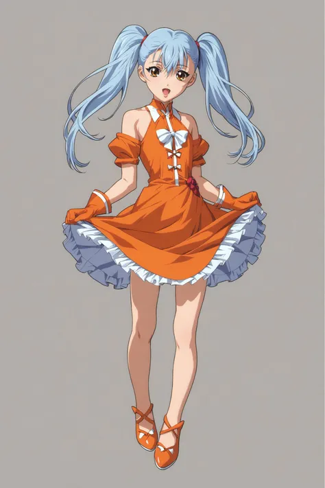 score_9,score_8_up,score_7_up,masterpiece,best quality,very aesthetic,absurdres,official art,official style,
Hoshino Ruri,1girl,solo,dress,gloves,twintails,full body,orange dress,white background,skirt hold,simple background,open mouth,brown eyes,long hair,looking at viewer,:o,light blue hair,orange gloves,standing,
<lora:Keiji Gotoh_XL_PONY:0.8>,