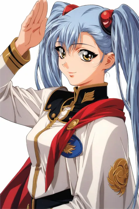 score_9,score_8_up,score_7_up,masterpiece,best quality,very aesthetic,absurdres,official art,official style,
Hoshino Ruri,uniform,1girl,solo,twintails,long hair,long sleeves,light blue hair,1990s \(style\),looking at viewer,white background,simple background,smile,retro artstyle,cape,brown eyes,yellow eyes,bangs,salute,
<lora:Keiji Gotoh_XL_PONY:0.8>,