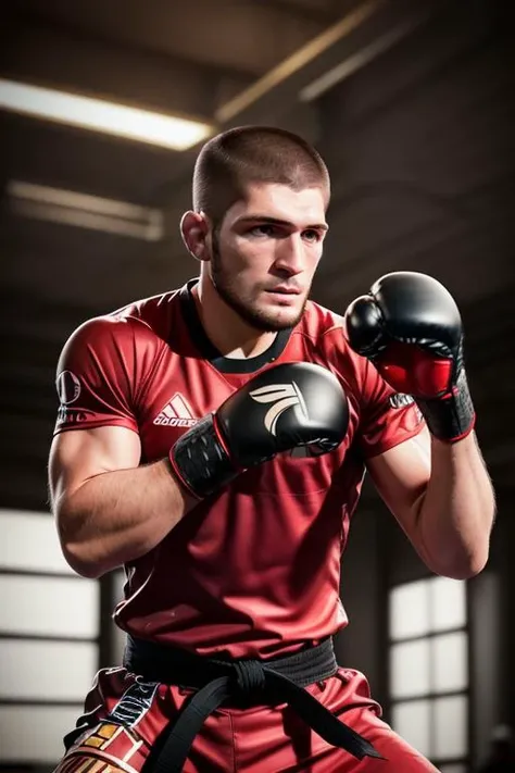 1man, solo, portrait of khabibnurmagomedov wear karate gi, beard, serious, details, realistic, photography, blurry background, softfocus <lora:ARWKhabibNurmagomedov:1>