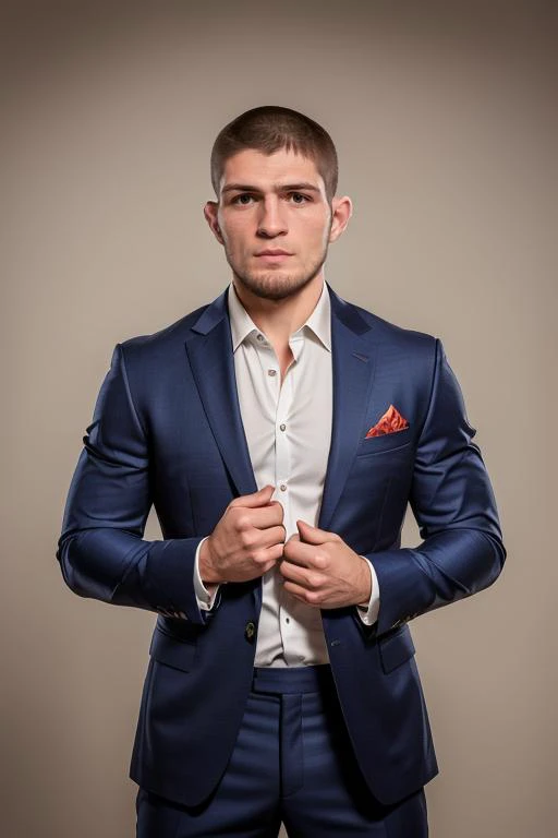 1man, solo, portrait of khabibnurmagomedov wear suit and tie, beard, serious, details, realistic, photography, blurry background, softfocus <lora:ARWKhabibNurmagomedov:1>