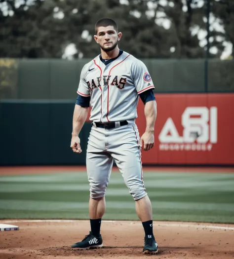 masterpiece, RAW, full body shot, khabibnurmagomedov, baseball, baseball outfit, on a baseball field (((muscular))) (((veins))) , realistic skin, detailed eyes, 8k UHD, incredible detail, best quality, high quality, movie quality, DSLR, Depth of Field <lora:ARWKhabibNurmagomedov:0.7>
