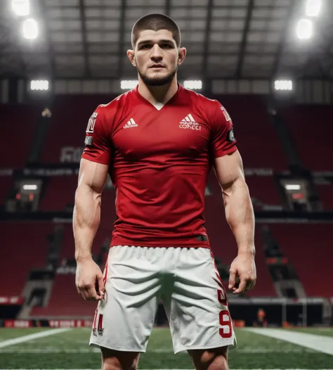 masterpiece, RAW, full body shot, khabibnurmagomedov, football, football outfit, in a football stadium (((muscular))) (((veins))) , realistic skin, detailed eyes, 8k UHD, incredible detail, best quality, high quality, movie quality, DSLR, Depth of Field soft lighting, best lighting, movie lighting <lora:ARWKhabibNurmagomedov:0.7>