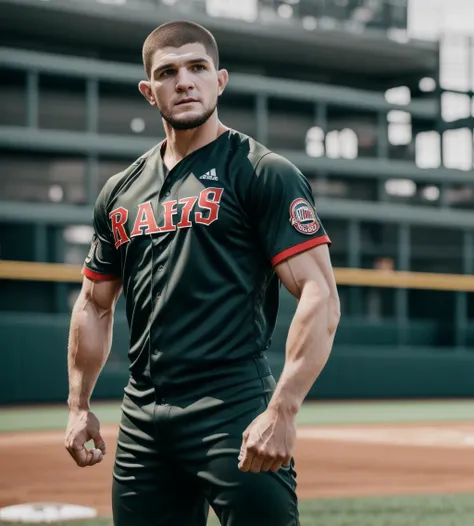 masterpiece, RAW, full body shot, khabibnurmagomedov, baseball, baseball outfit, on a baseball field (((muscular))) (((veins))) , realistic skin, detailed eyes, 8k UHD, incredible detail, best quality, high quality, movie quality, DSLR, Depth of Field <lora:ARWKhabibNurmagomedov:0.7>
