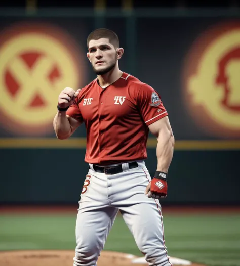 masterpiece, RAW, full body shot, khabibnurmagomedov, baseball, baseball outfit, on a baseball field (((muscular))) (((veins))) , realistic skin, detailed eyes, 8k UHD, incredible detail, best quality, high quality, quality, DSLR, Depth of Field <lora:ARWKhabibNurmagomedov:0.7>