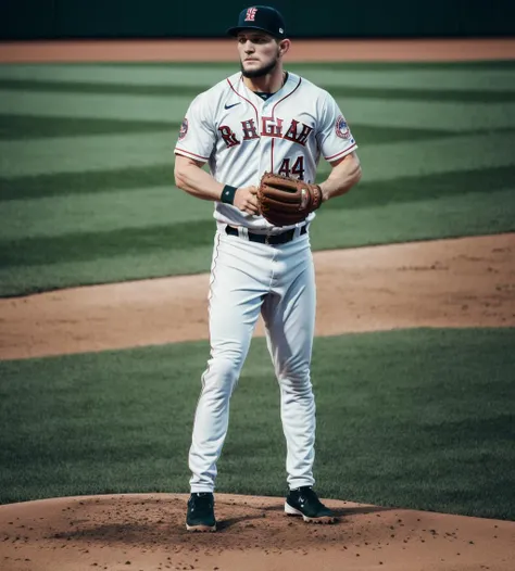 masterpiece, RAW, full body shot, khabibnurmagomedov, baseball, baseball outfit, on a baseball field (((muscular))) (((veins))) , realistic skin, detailed eyes, 8k UHD, incredible detail, best quality, high quality, movie quality, DSLR, Depth of Field <lora:ARWKhabibNurmagomedov:0.7>
