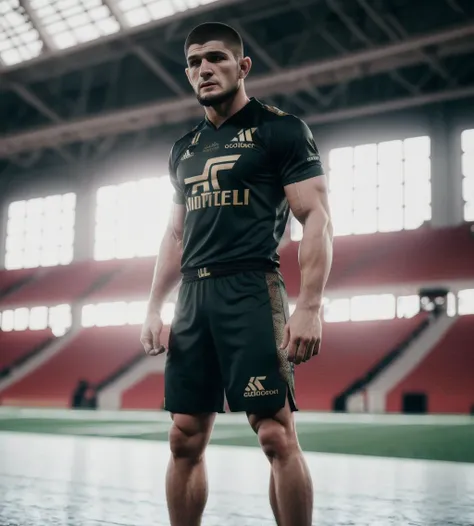 masterpiece, RAW, full body shot, khabibnurmagomedov, football, football outfit, in a football stadium (((muscular))) (((veins))) , realistic skin, detailed eyes, 8k UHD, incredible detail, best quality, high quality, movie quality, DSLR, Depth of Field soft lighting, best lighting, movie lighting <lora:ARWKhabibNurmagomedov:0.7>