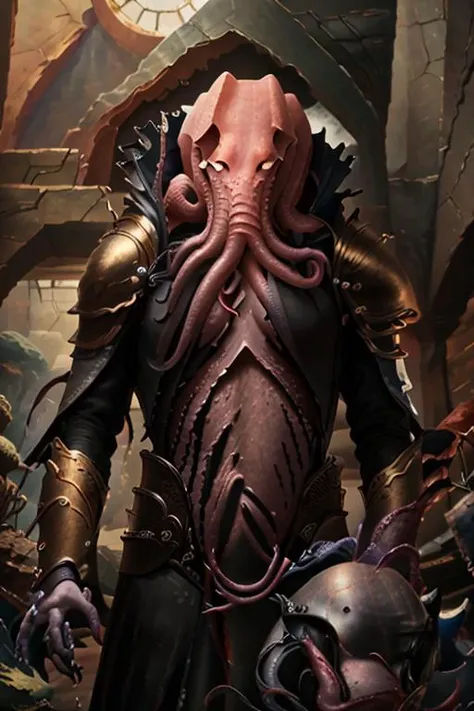 solo, spawncth-fc, <lora:starspawnCthulu-fC-v.10:1>, armor, monster, 1boy, DSLR RAW filmgrain photo, shot on iphone, photography, edited in Adobe Lightroom
