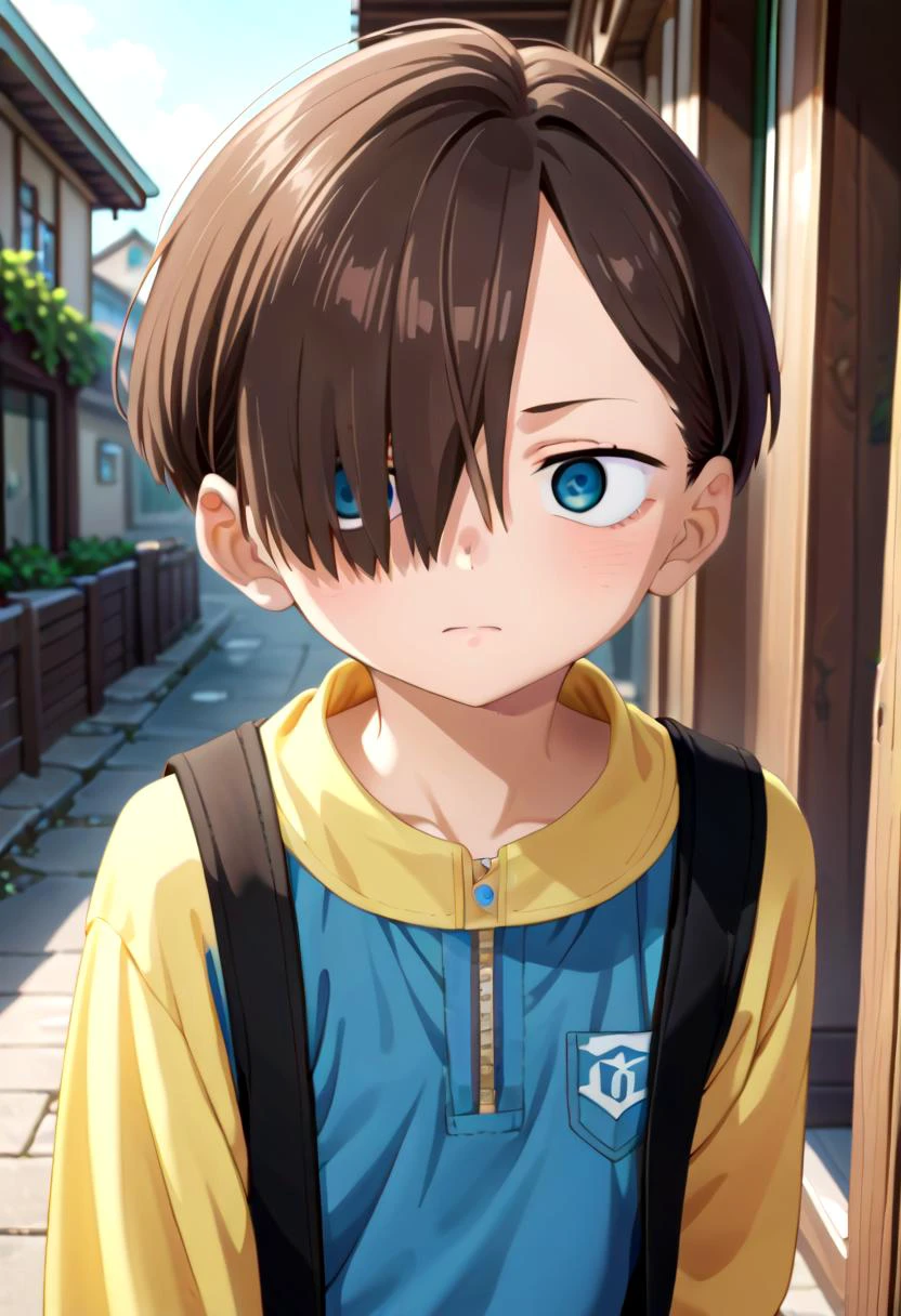 score_9, score_8_up, score_7_up, detailed eyes, village, BREAK
straight on shot, standing, <lora:PerfectEyesXL:0.8> perfecteyes,
<lora:kyoutarou_ichikawa_pony:1> kyoutarou_ichikawa, brown hair, blue eyes, short hair, hair over one eye, bangs
