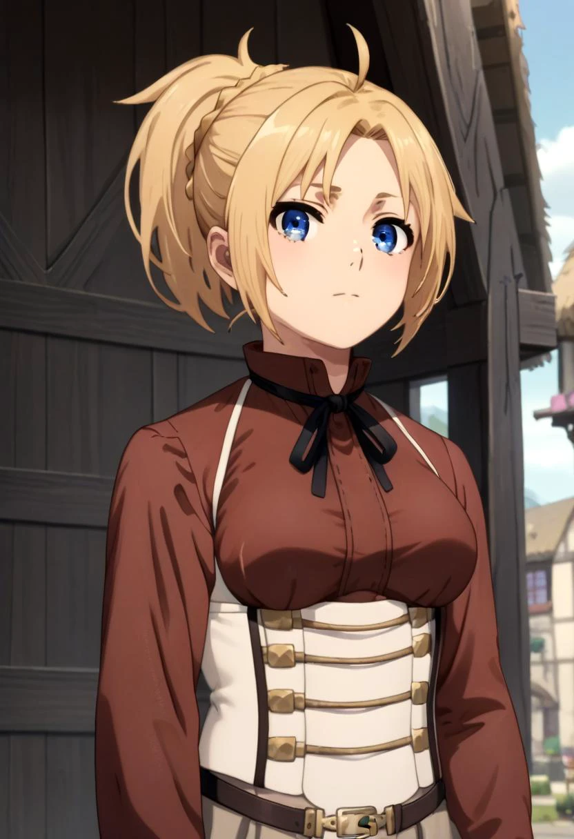 score_9, score_8_up, score_7_up, detailed eyes, village, BREAK
straight on shot, standing, <lora:PerfectEyesXL:0.8> perfecteyes, close up
<lora:MushokuTensei_ZenithGreyratXL:1> ZenithGreyrat, blonde hair, ponytail, ahoge, blue eyes, parted bangs, brown shirt, neck ribbon, long sleeves, suspenders, white corset, grey skirt, belt, looking at viewer
