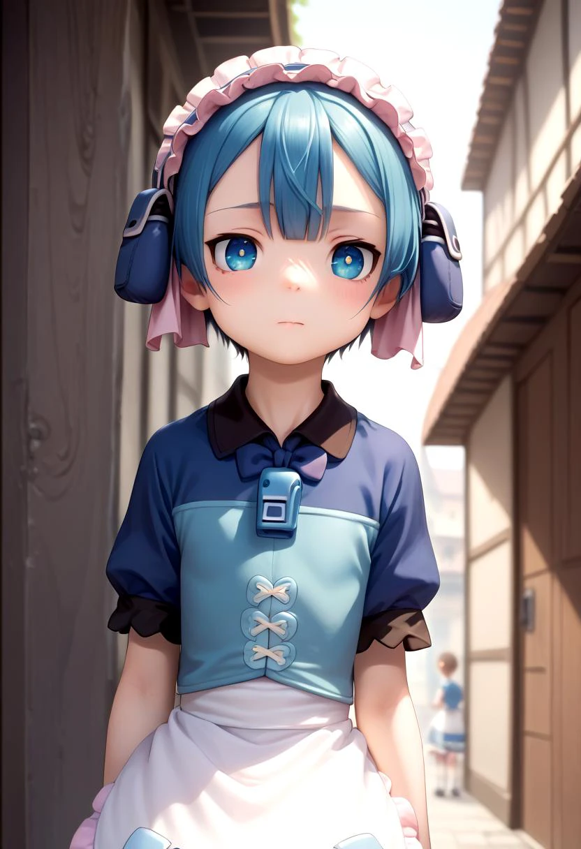 score_9, score_8_up, score_7_up, detailed eyes, village, BREAK
straight on shot, standing, <lora:PerfectEyesXL:0.8> perfecteyes, black pupils
<lora:Marulk _Made in Abyss:1> Maruruk, short hair, blue hair || short sleeves, shirt, pouch hat, otoko no ko, whistle, maid headdress