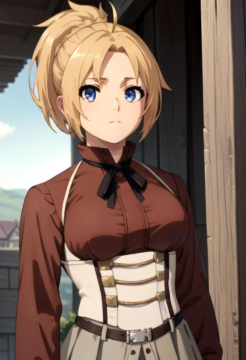 score_9, score_8_up, score_7_up, detailed eyes, village, BREAK
straight on shot, standing, <lora:PerfectEyesXL:0.8> perfecteyes, close up
<lora:MushokuTensei_ZenithGreyratXL:1> ZenithGreyrat, blonde hair, ponytail, ahoge, blue eyes, parted bangs, brown shirt, neck ribbon, long sleeves, suspenders, white corset, grey skirt, belt, looking at viewer