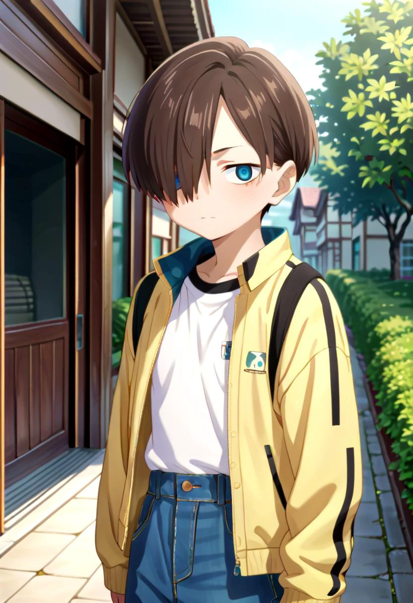 score_9, score_8_up, score_7_up, detailed eyes, village, BREAK
straight on shot, standing, <lora:PerfectEyesXL:0.8> perfecteyes,
<lora:kyoutarou_ichikawa_pony:1> kyoutarou_ichikawa, brown hair, blue eyes, short hair, hair over one eye, bangs