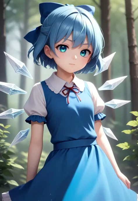 score_9, score_8_up, score_7_up, detailed eyes, forest, BREAK
straight on shot, standing, <lora:PerfectEyesXL:0.8> perfecteyes, close up,
<lora:Touhou_pony:0.7> blue hair, 1girl, cirno, 1girl, touhou, blue_bow, hair_bow, ice_wings, blue_dress, puffy_short_sleeves,