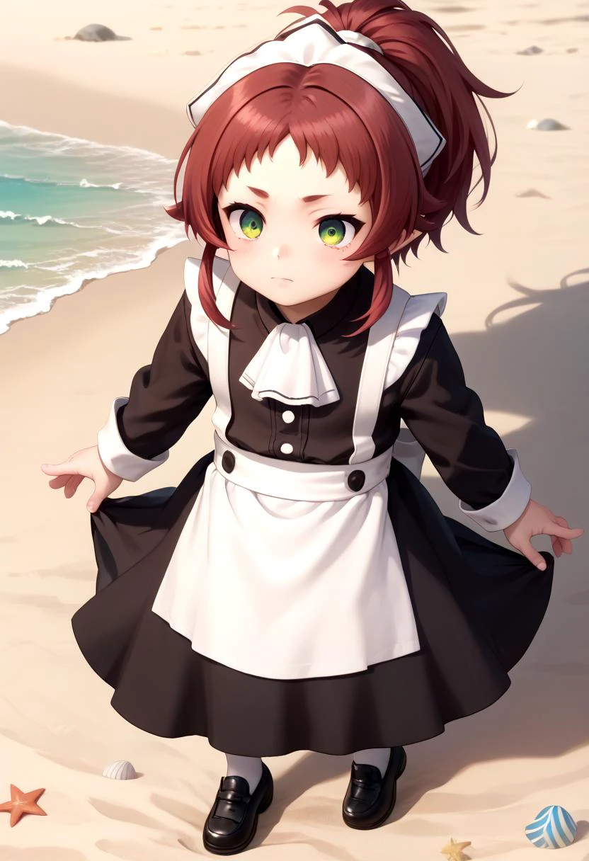 score_9, score_8_up, score_7_up, detailed eyes,beach, BREAK
<lora:aisha-greyrat_small_PONY_epoch-000020:1> aisha greyrat, || green eyes,red hair,ponytail,maid dress,long sleeves,(white pantyhose:0.8), black footwear