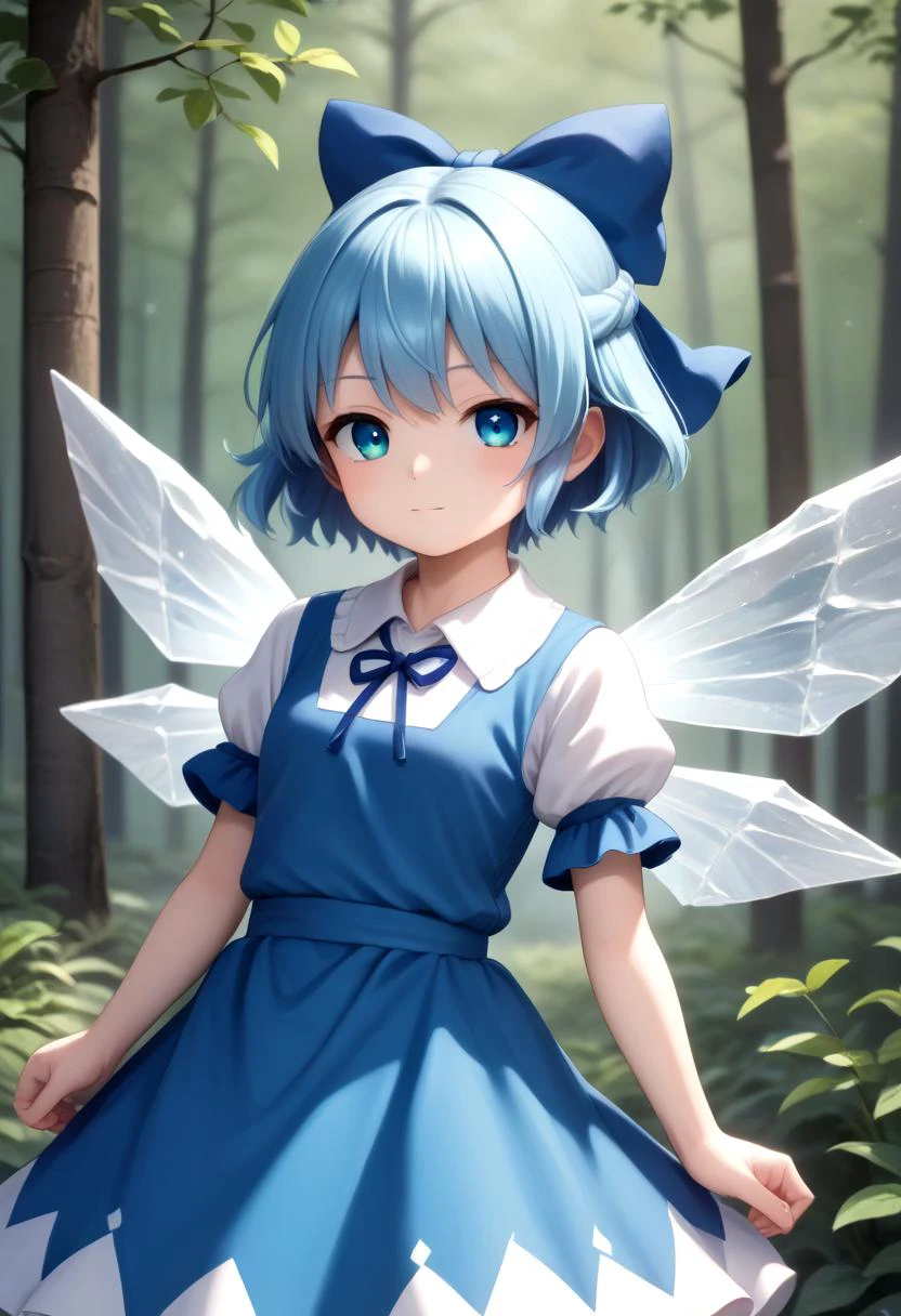 score_9, score_8_up, score_7_up, detailed eyes, forest, BREAK
straight on shot, standing, <lora:PerfectEyesXL:0.8> perfecteyes, close up,
<lora:Touhou_pony:0.7> blue hair, 1girl, cirno, 1girl, touhou, blue_bow, hair_bow, ice_wings, blue_dress, puffy_short_sleeves,