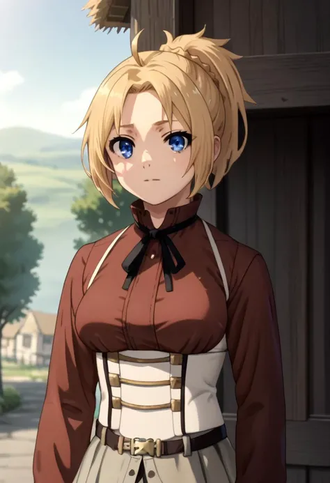 score_9, score_8_up, score_7_up, detailed eyes, village, BREAK
straight on shot, standing, <lora:PerfectEyesXL:0.8> perfecteyes, close up
<lora:MushokuTensei_ZenithGreyratXL:1> ZenithGreyrat, blonde hair, ponytail, ahoge, blue eyes, parted bangs, brown shirt, neck ribbon, long sleeves, suspenders, white corset, grey skirt, belt, looking at viewer
