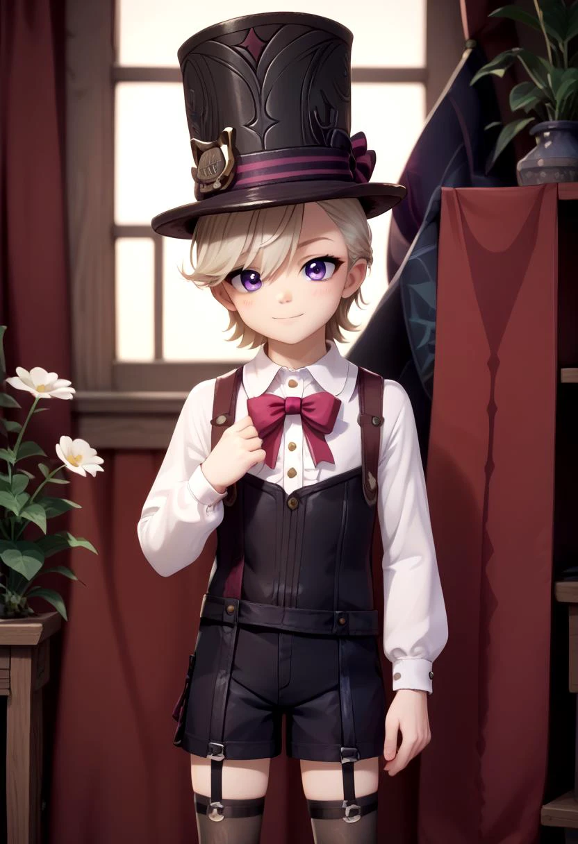 score_9, score_8_up, score_7_up, detailed eyes, show accurate, rating_safe, BREAK
straight on shot, standing, <lora:PerfectEyesXL:0.55> perfecteyes, close up
<lora:lyneyXL-fine:0.8> lyney, young, skinny, thin, light smile, legs, thighhighs,purple eyes, top hat, (solo:1.2)