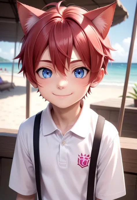 score_9, score_8_up, score_7_up, detailed eyes,beach, BREAK
aki, 1boy, (crimson hair:1.2), white polo shirt,  smile, male, male focus, closed mouth, blue eyes, cat boy, (red cat ears:1.2),
looking at viewer,male, male focus, blue hair, inside, corridors, petite, vivid colors, petite, cute, young, masterpiece, high quality, very_high_resolution, large_filesize, full color, detailed face,