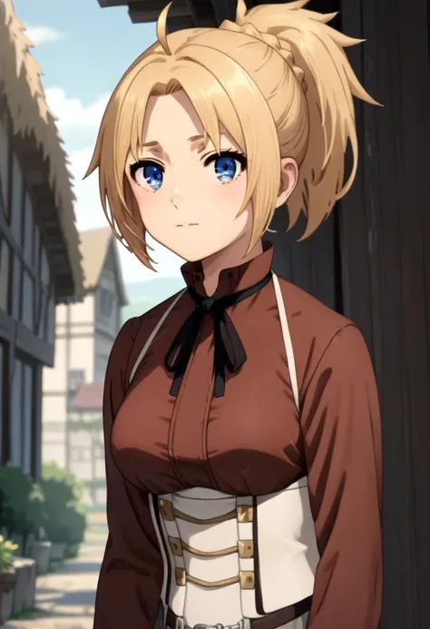 score_9, score_8_up, score_7_up, detailed eyes, village, BREAK
straight on shot, standing, <lora:PerfectEyesXL:0.8> perfecteyes, close up
<lora:MushokuTensei_ZenithGreyratXL:1> ZenithGreyrat, blonde hair, ponytail, ahoge, blue eyes, parted bangs, brown shirt, neck ribbon, long sleeves, suspenders, white corset, grey skirt, belt, looking at viewer