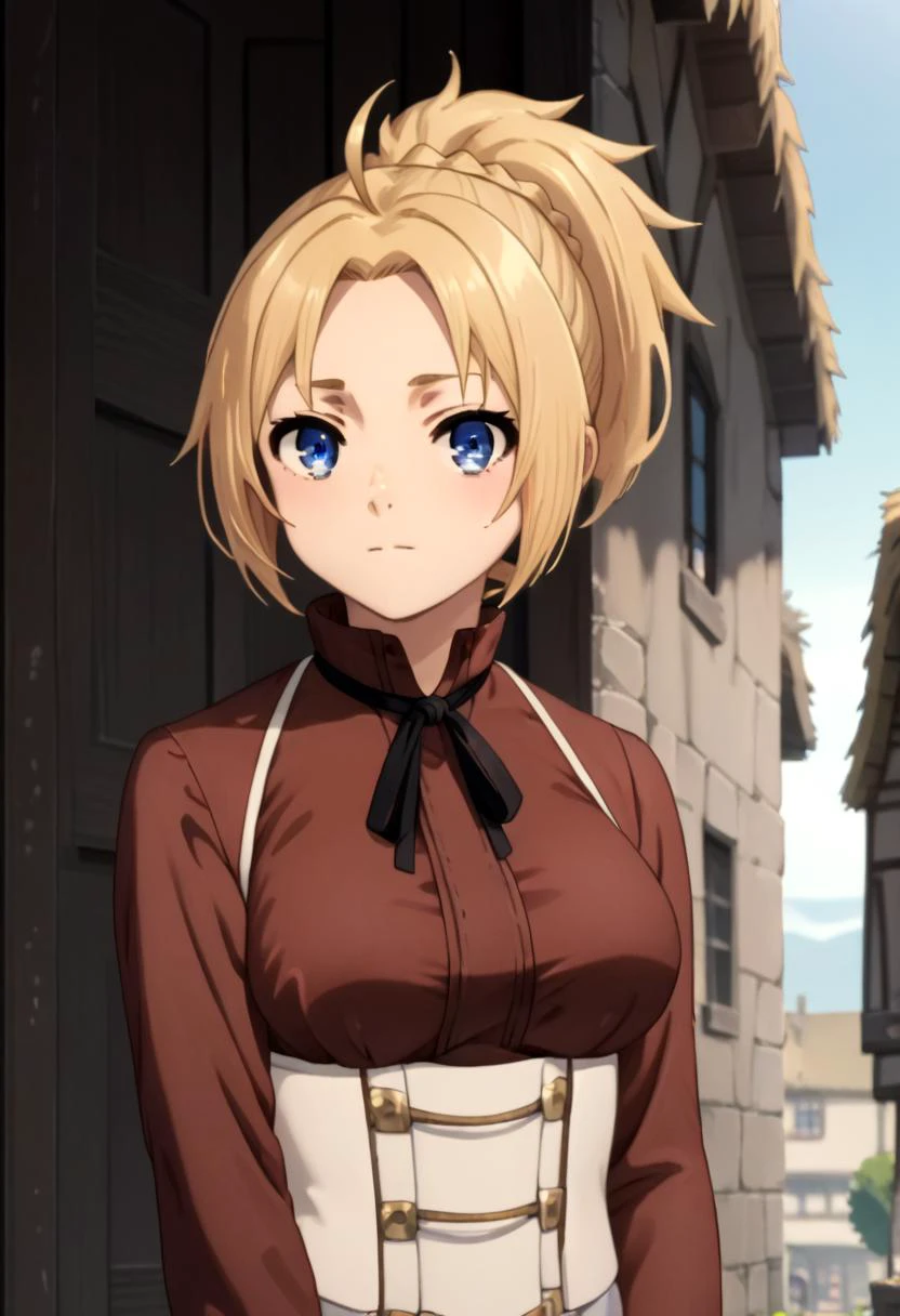 score_9, score_8_up, score_7_up, detailed eyes, village, BREAK
straight on shot, standing, <lora:PerfectEyesXL:0.8> perfecteyes, close up
<lora:MushokuTensei_ZenithGreyratXL:1> ZenithGreyrat, blonde hair, ponytail, ahoge, blue eyes, parted bangs, brown shirt, neck ribbon, long sleeves, suspenders, white corset, grey skirt, belt, looking at viewer
