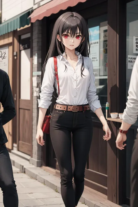 absurdres, best quality, 1girl, solo, <lora:kaoruko-000010:0.7>, nanahara kaoruko, red eyes, wbCasual,white shirt,black pants,belt