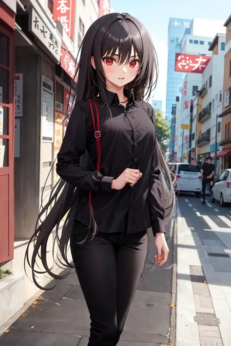 absurdres, best quality, 1girl, solo, <lora:kaoruko-000010:0.7>, nanahara kaoruko, red eyes, bbCasual,black shirt,black pants