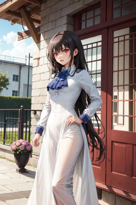 absurdres, best quality, 1girl, solo, <lora:kaoruko-000010:0.7>, nanahara kaoruko, red eyes, bwUniform,white dress,blue bow,long dress,long sleeves