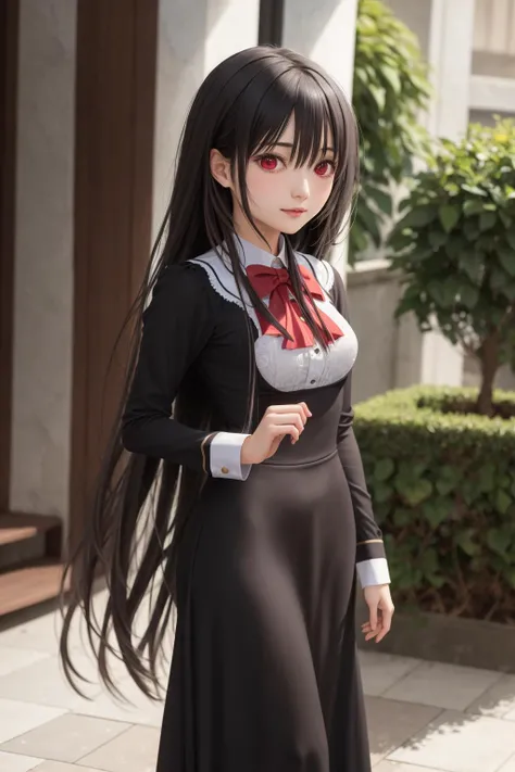 absurdres, best quality, 1girl, solo, <lora:kaoruko-000010:0.7>, nanahara kaoruko, red eyes, rbUniform,black dress,red bow,long dress,long sleeves