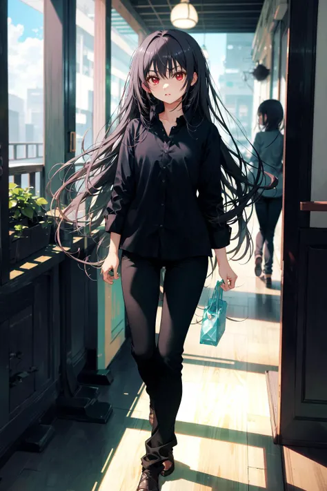 absurdres, best quality, 1girl, solo, <lora:kaoruko-000010:0.7>, nanahara kaoruko, red eyes, bbCasual,black shirt,black pants