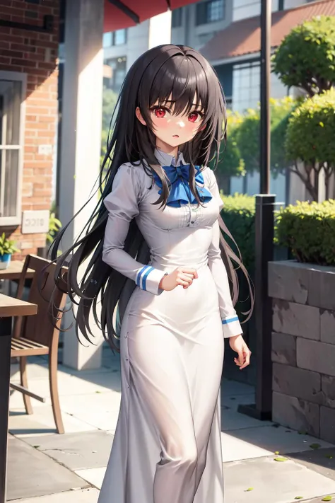 absurdres, best quality, 1girl, solo, <lora:kaoruko-000010:0.7>, nanahara kaoruko, red eyes, bwUniform,white dress,blue bow,long dress,long sleeves