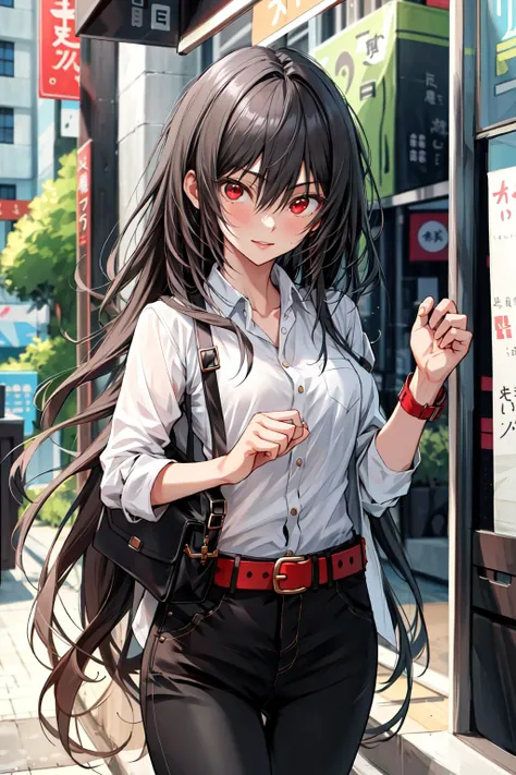 absurdres, best quality, 1girl, solo, <lora:kaoruko-000010:0.7>, nanahara kaoruko, red eyes, wbCasual,white shirt,black pants,belt