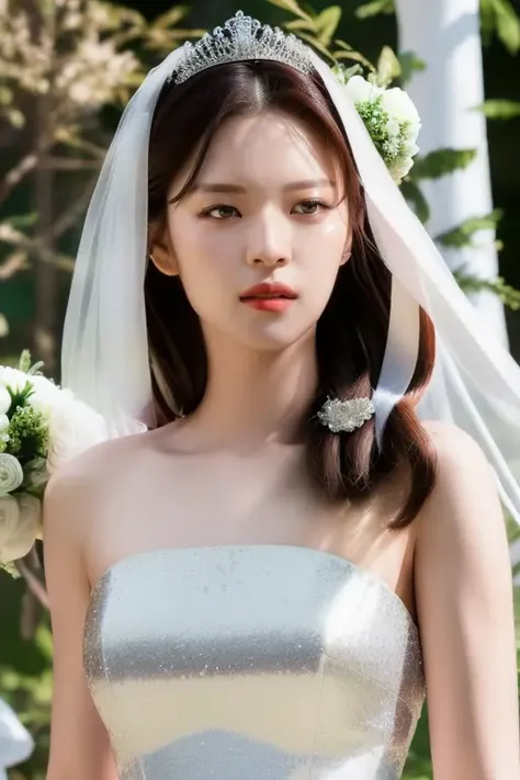 black hair, <lora:twiceJeongyeonV1:1>,Jeongyeon,(close-up photo:1.3),(pov:1.1),korean, woman, complex 3d render ultra detailed, portrait of beautiful woman,, moody portrait, striking features, beauty, intricate details, dramatic composition, tension, contrast, texture, realism, high-quality rendering, stunning art, high quality, film grain, Fujifilm XT3,swirly bokeh,(realistic, photo-realistic:1.4),RAW photo,physically-based rendering,(looking at viewer:1.4),(8k, best quality, masterpiece:1.2),(full body shot:1.1),octane render,extremely detailed CG, unity 8k wallpaper,(studio soft light, rim light,in forest,sunlight:1.2),standing,(a girl is wearing wedding dress:1.5),hyper realistic detail shiny skin,ultra detailed,(ultra realistic:1.5),(intricate:1.2),(photorealistic:1.4),1girl,(skinny:1.3),detailed background