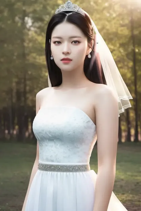 black hair, <lora:twiceJeongyeonV1:1>,Jeongyeon,(close-up photo:1.3),(pov:1.1),korean, woman, complex 3d render ultra detailed, portrait of beautiful woman,, moody portrait, striking features, beauty, intricate details, dramatic composition, tension, contrast, texture, realism, high-quality rendering, stunning art, high quality, film grain, Fujifilm XT3,swirly bokeh,(realistic, photo-realistic:1.4),RAW photo,physically-based rendering,(looking at viewer:1.4),(8k, best quality, masterpiece:1.2),(full body shot:1.1),octane render,extremely detailed CG, unity 8k wallpaper,(studio soft light, rim light,in forest,sunlight:1.2),standing,(a girl is wearing wedding dress:1.5),hyper realistic detail shiny skin,ultra detailed,(ultra realistic:1.5),(intricate:1.2),(photorealistic:1.4),1girl,(skinny:1.3),detailed background